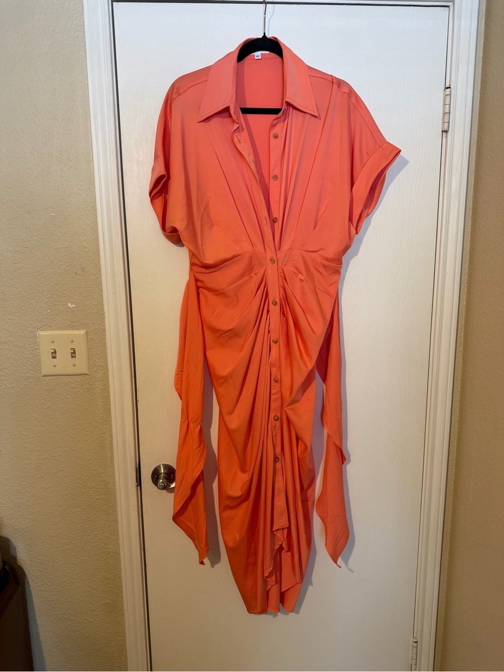 Coral Button-Front Ruched Shirt Dress